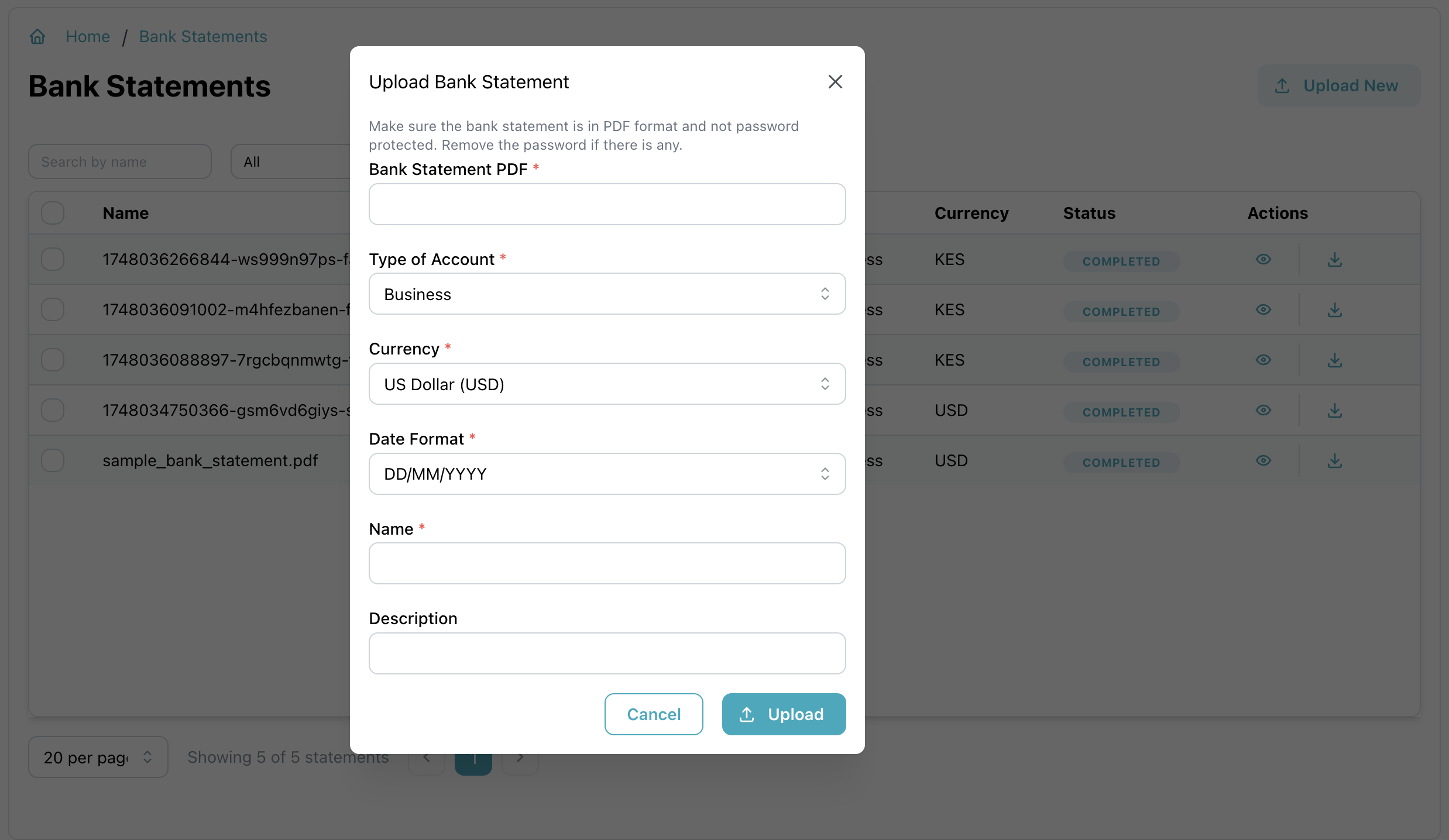 Bank Statement Processing Interface